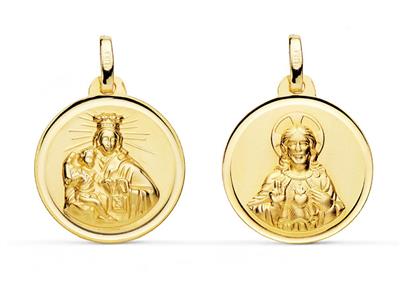 Medalla Escapulario Hueco, Canto Biselado 18 Mm, Doble Cara, Oro Amarillo 18k