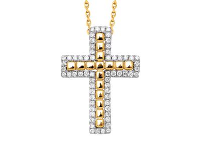 Colgante Cruz Diamante 0,22ct, Hilo Perla Exterior, Oro Amarillo 18k